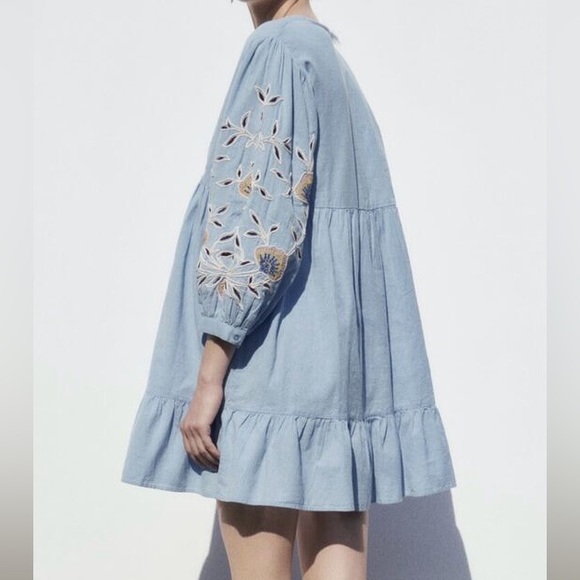 ZARA EMBROIDERED LINEN BLEND DRESS Mini Blue Floral Large - Picture 4 of 8